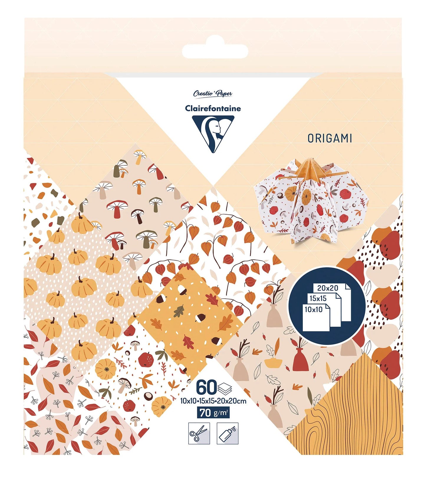 ORIGAMI, confezione da 60 fogli 70g/m2 3 formati - Autunno - Multicolore (Pacchetto x5)