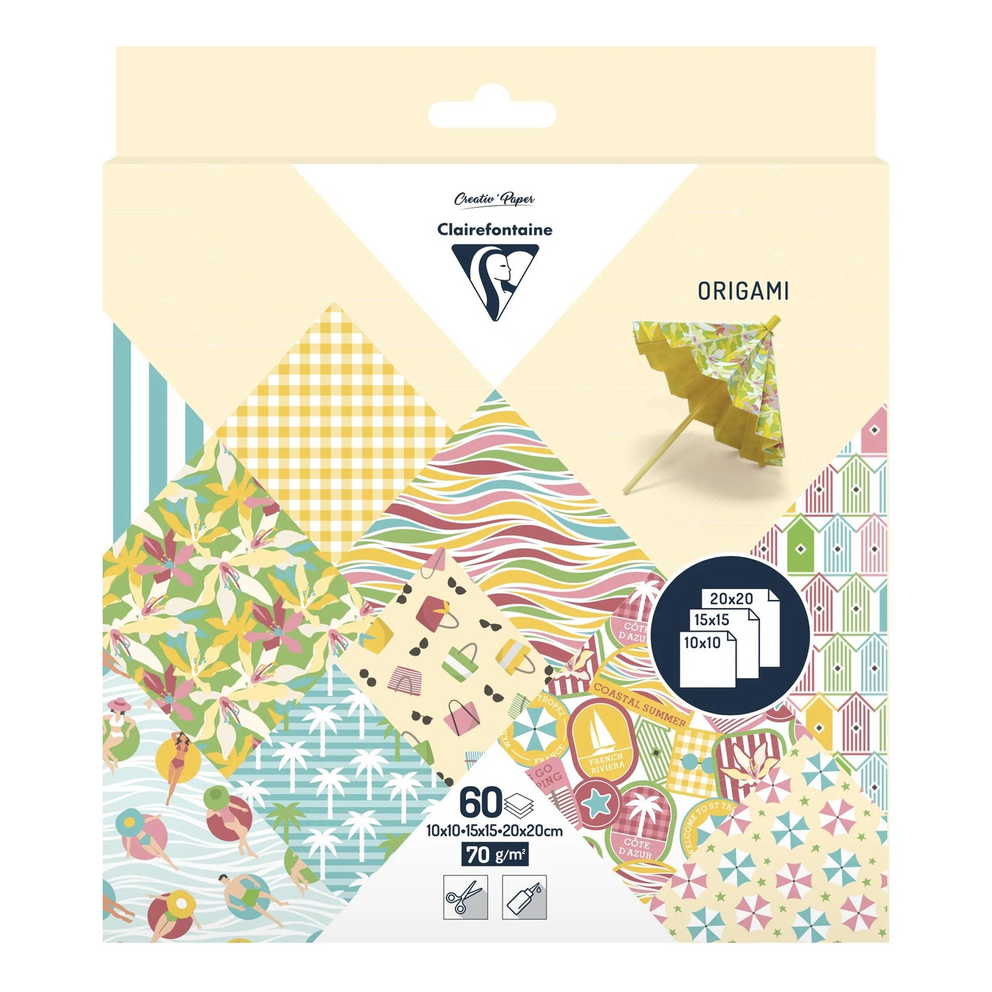 ORIGAMI, 60 Blattbeutel 70g/m2 3 Formate - Französische Riviera - Mehrfarbig (Paket x5)