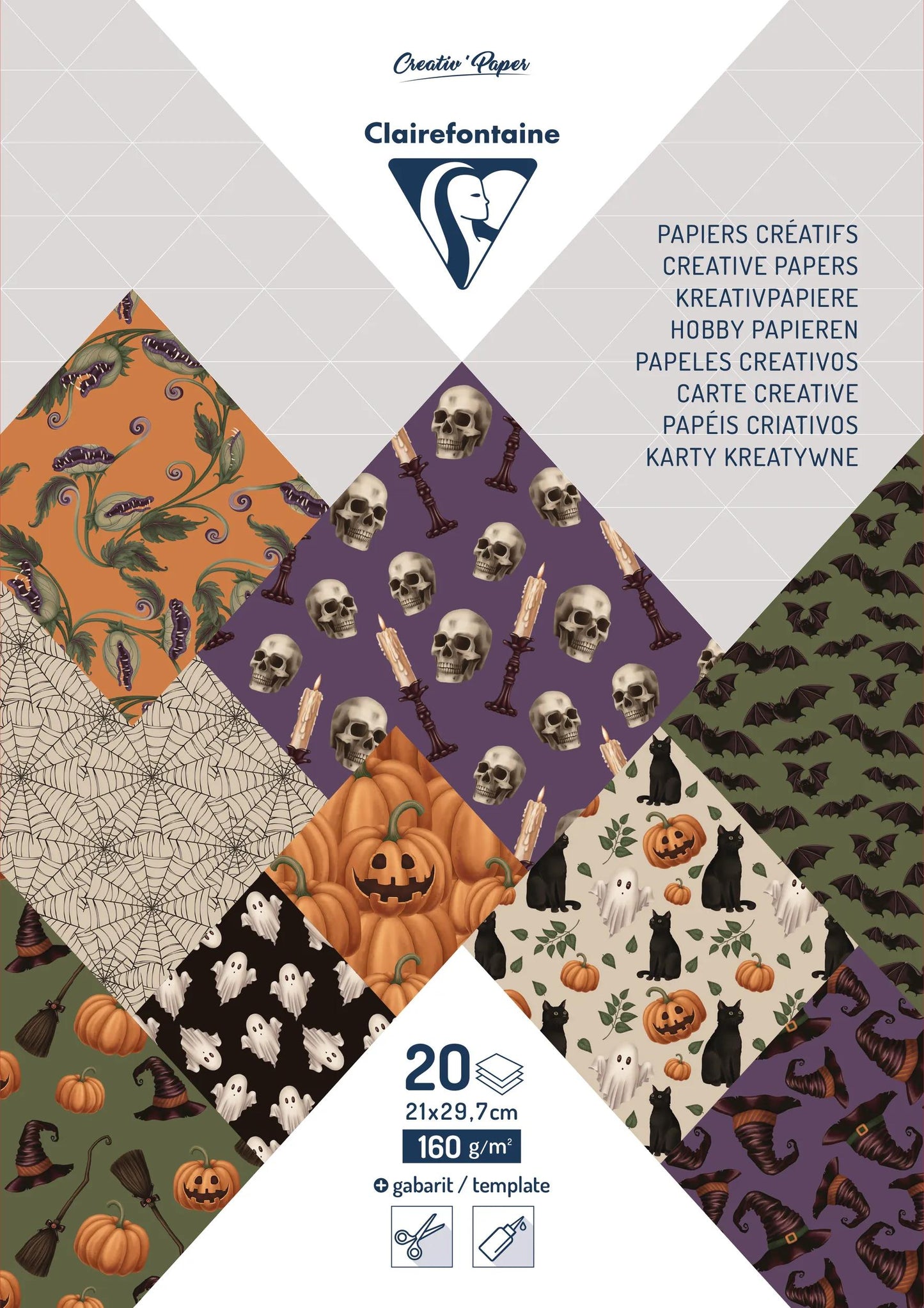 GEDRUCKT PAPIER, Block von 20 Motivplatten 160g/m2 im Format A4 (21x29.7cm) + 1 kreative Idee - Halloween - Mehrfarbig - Neu (Paket x5)