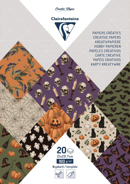 PAPIERS IMPRIMÉS, Bloc de 20 feuilles à motifs 160g/m2 au format A4 (21x29,7cm) + 1 idée créative - Halloween - Multicolore - New (lot de 5)