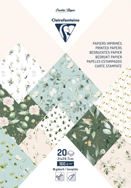 PRINTED PAPERS, Block of 20 motif sheets 160g/m2 in A4 format (21x29.7cm) + 1 creative idea - Romantic - Multicolor