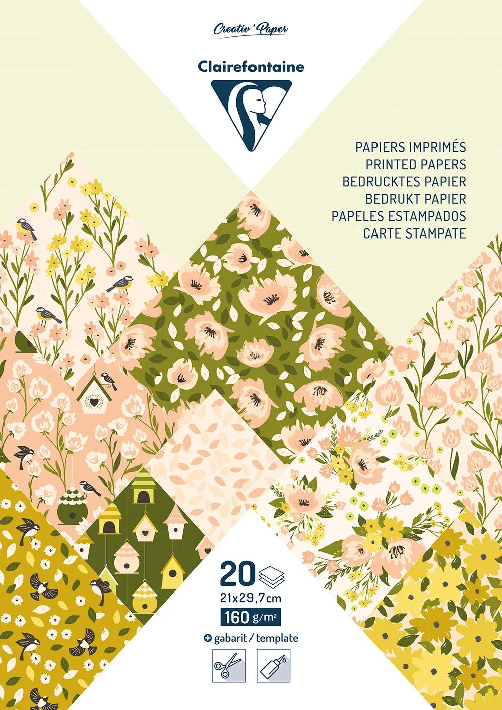 PAPIERS IMPRIMÉS, Bloc de 20 feuilles à motifs 160g/m2 au format A4 (21x29,7cm) + 1 idée créative - Printemps - Multicolore (Lot x5)