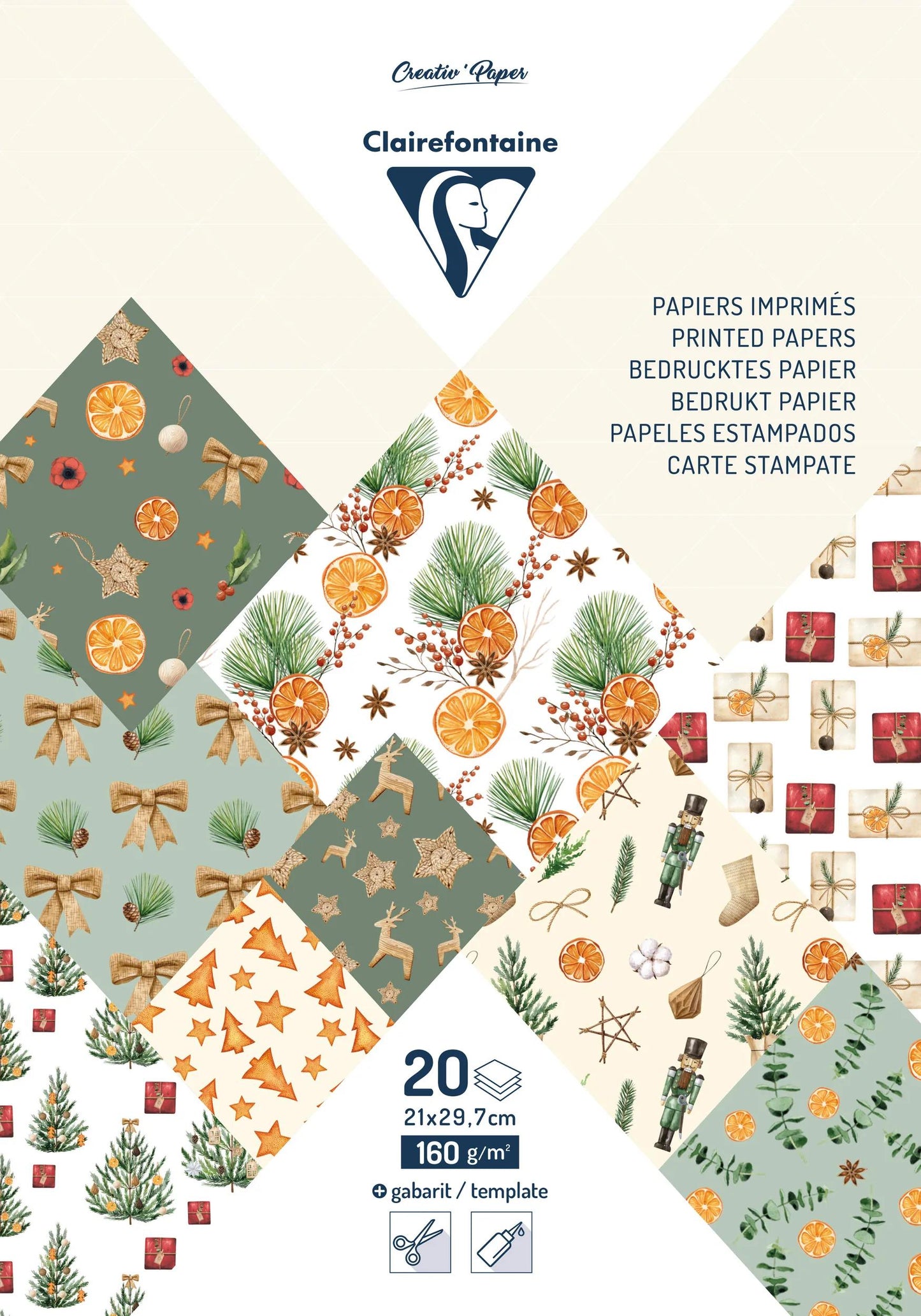 PRINTED PAPERS, Block of 20 motif sheets 160g/m2 in A4 format (21x29.7cm) + 1 creative idea - Vitamin Christmas - Multicolor (Pack x5)
