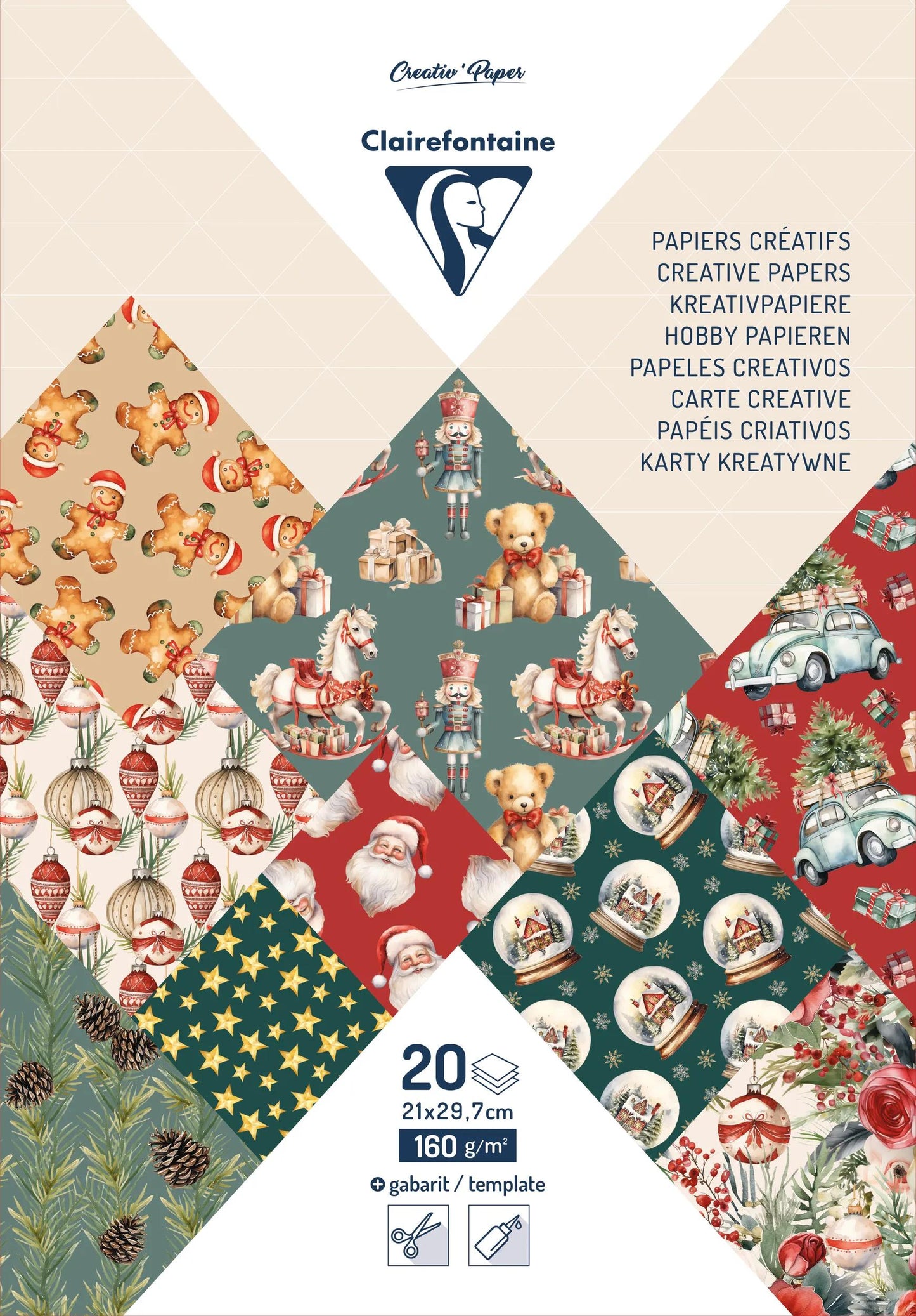 PRINTED PAPERS, block of 20 motif sheets 160g/m2 in A4 format (21x29.7cm) + 1 creative idea - Christmas souvenirs - Multicolor - New (Pack x5)