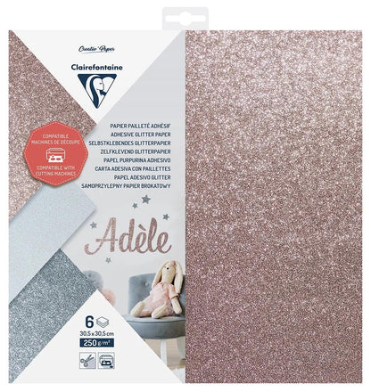 PAPIER PAILLETÉ ADHÉSIF, Pochette de 6 feuilles 250g/m2 au format 30.5x30.5cm - Assortiment (lot de 5)