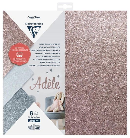 PAPIER PAILLETÉ ADHÉSIF, Pochette de 6 feuilles 250g/m2 au format 30.5x30.5cm - Assortiment (Lot x5)