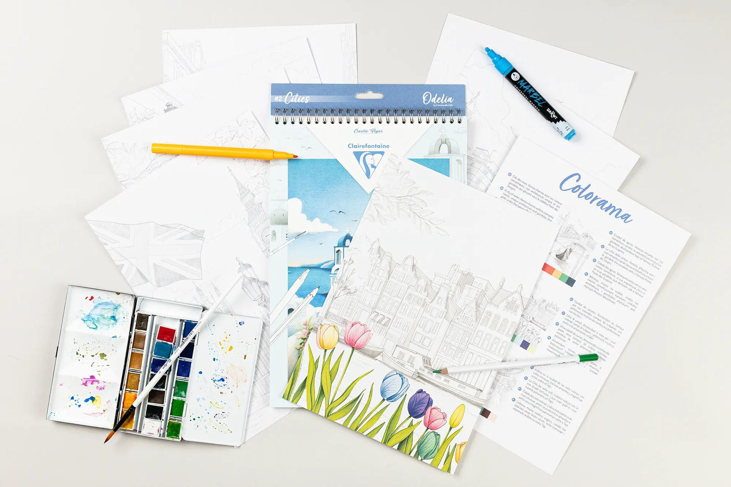 ODELIA, Multi-tech coloring block of 20 sheets A4 250g, Cities (Pack x5)