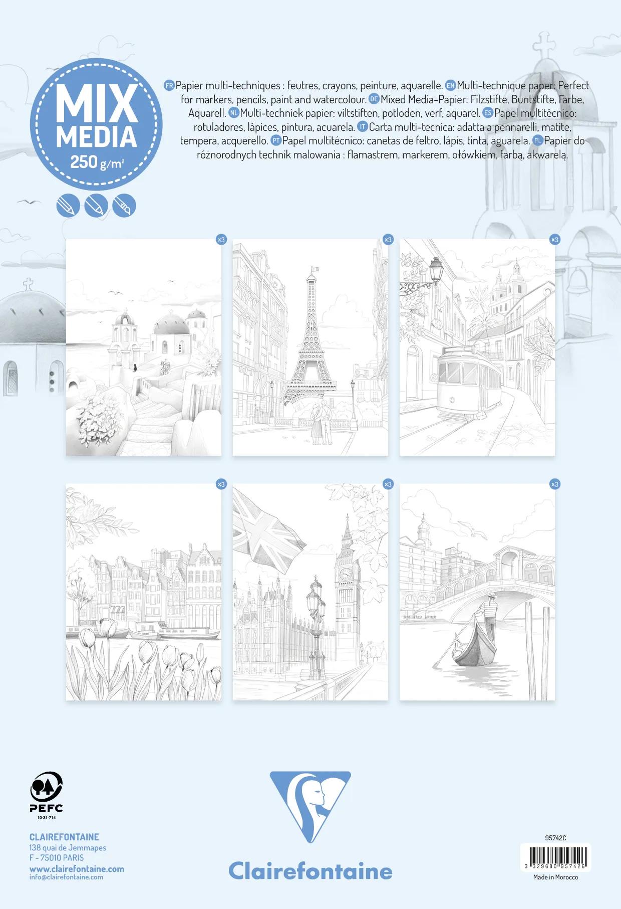 ODELIA, Multi-tech coloring block of 20 sheets A4 250g, Cities (Pack x5)