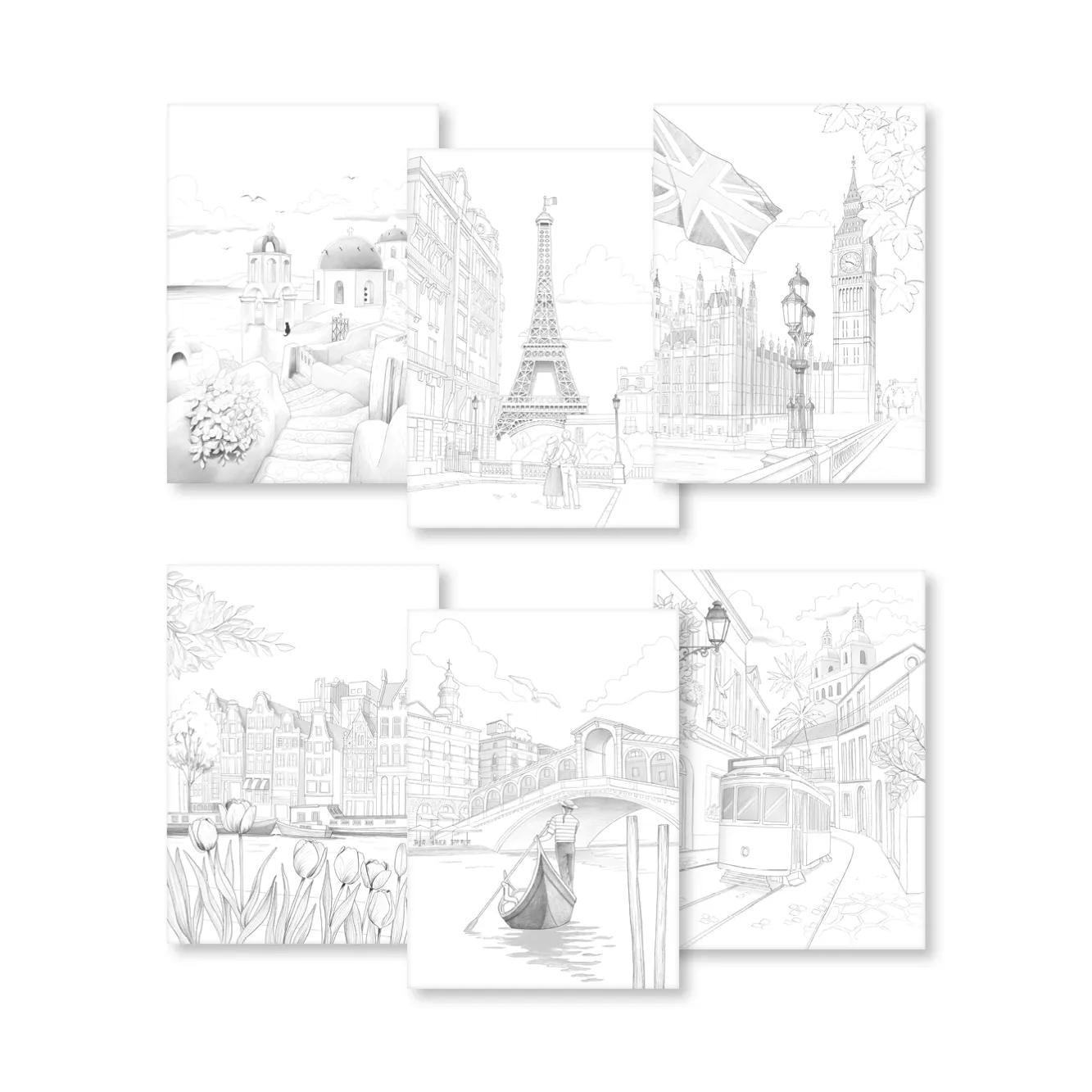 ODELIA, Multi-tech coloring block of 20 sheets A4 250g, Cities (Pack x5)