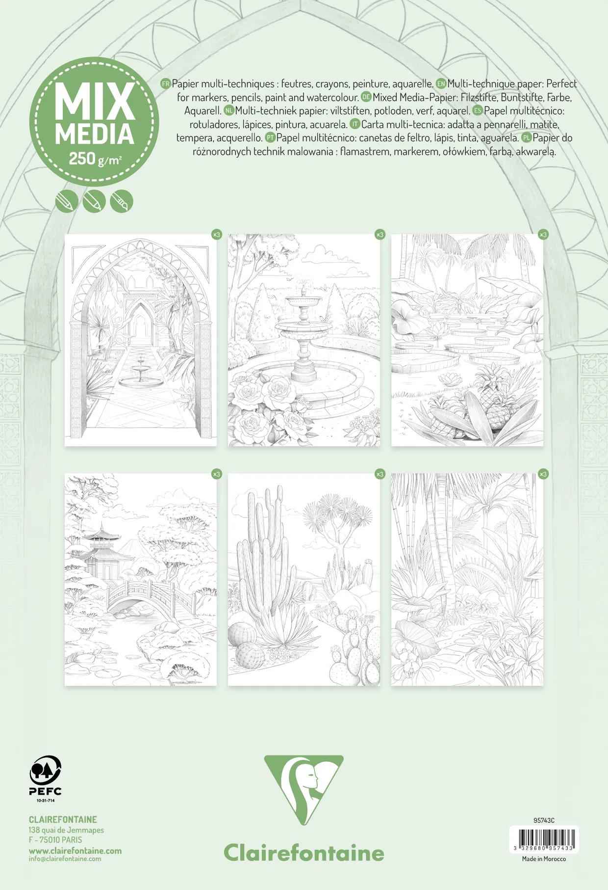 ODELIA, Blocco di colorazione multi-tecnica di 20 fogli A4 250g, Giardini (Pacchetto x5)