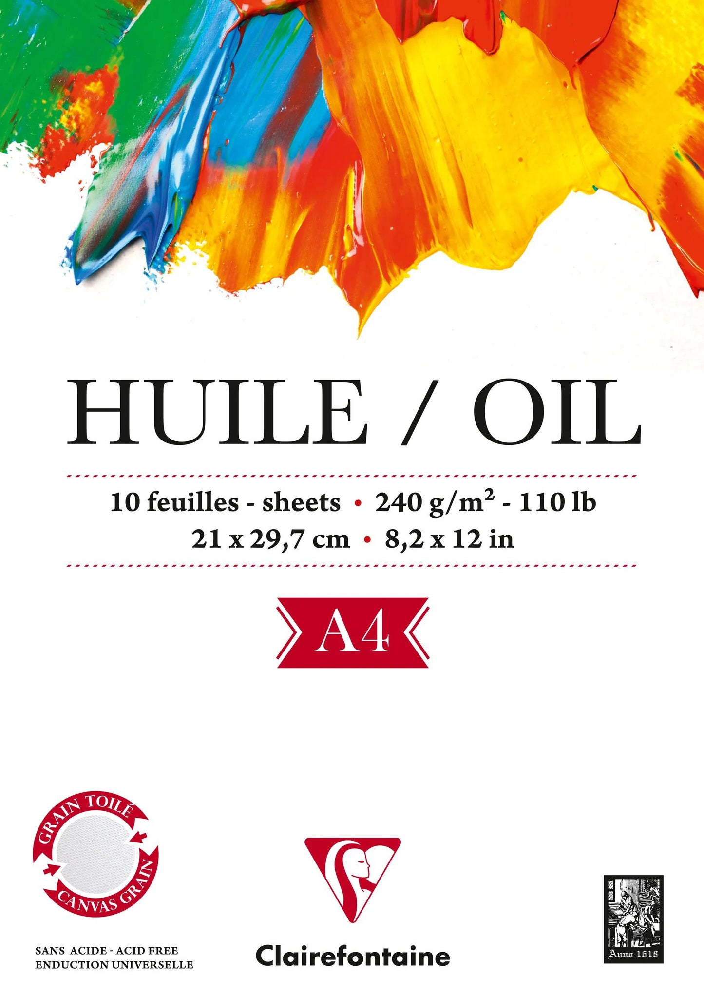 Papier Huile bloc collé 1 côté 10F A4 240g (Lot x5)