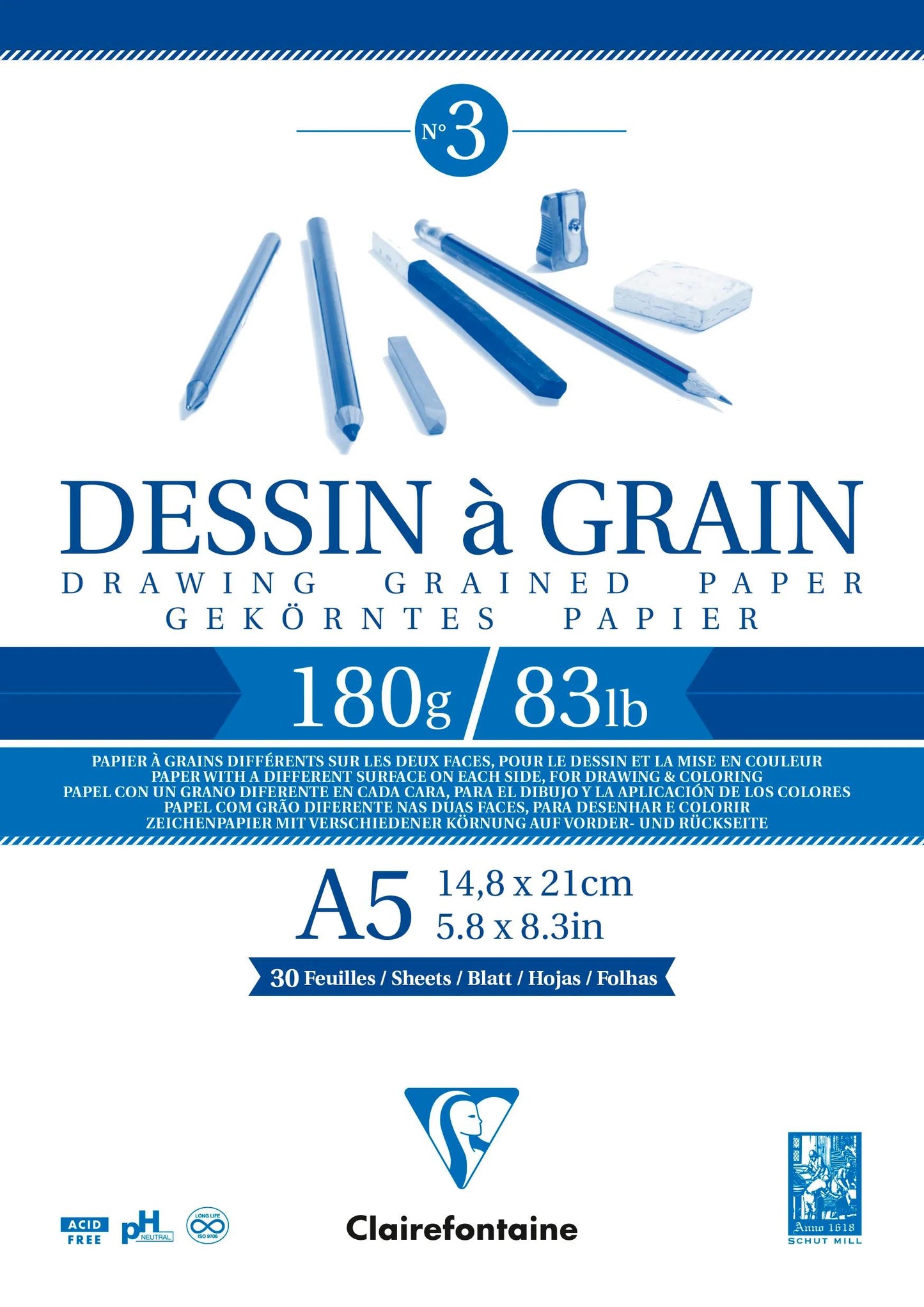 Grain drawing block glued 30F A5 180g (Pack x5)
