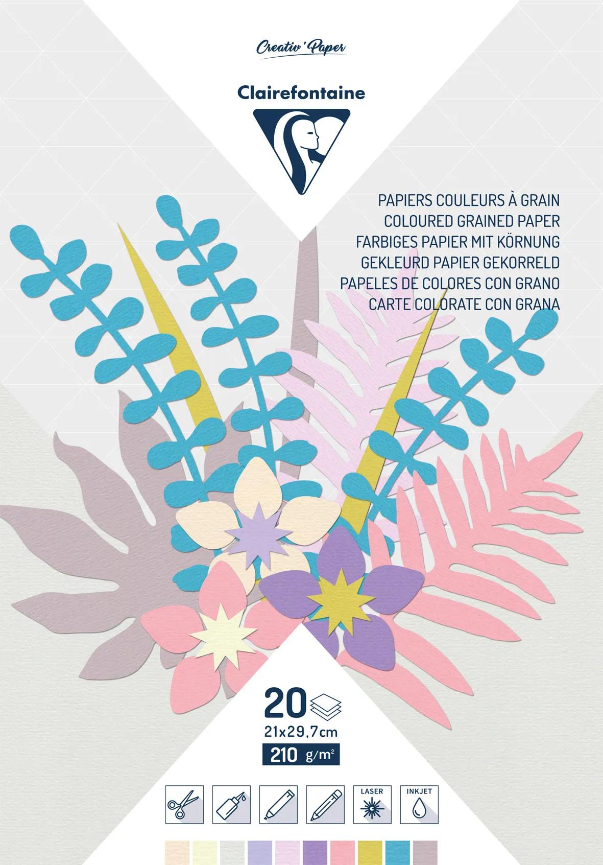 PAPIER COULEUR À GRAIN, Bloc de 20 feuilles 210g/m2 au format 21x29,7cm - Assortiment pastel - Assortiment (lot de 5)