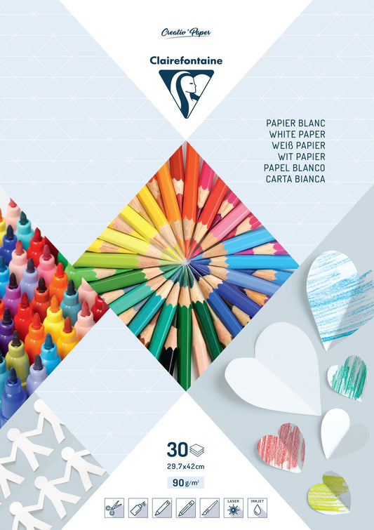 WHITE PAPER, 30 Blatt Block 90g/m2 in 29.7x42cm Format - Weiß (Paket x5)