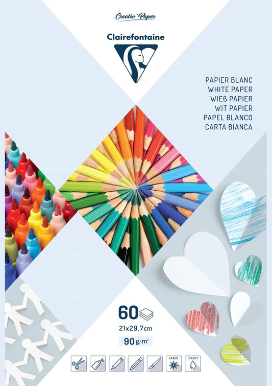 WHITE PAPER, 60 Blattblock 90g/m2 in 21x29.7cm Format - Weiß (Paket x5)