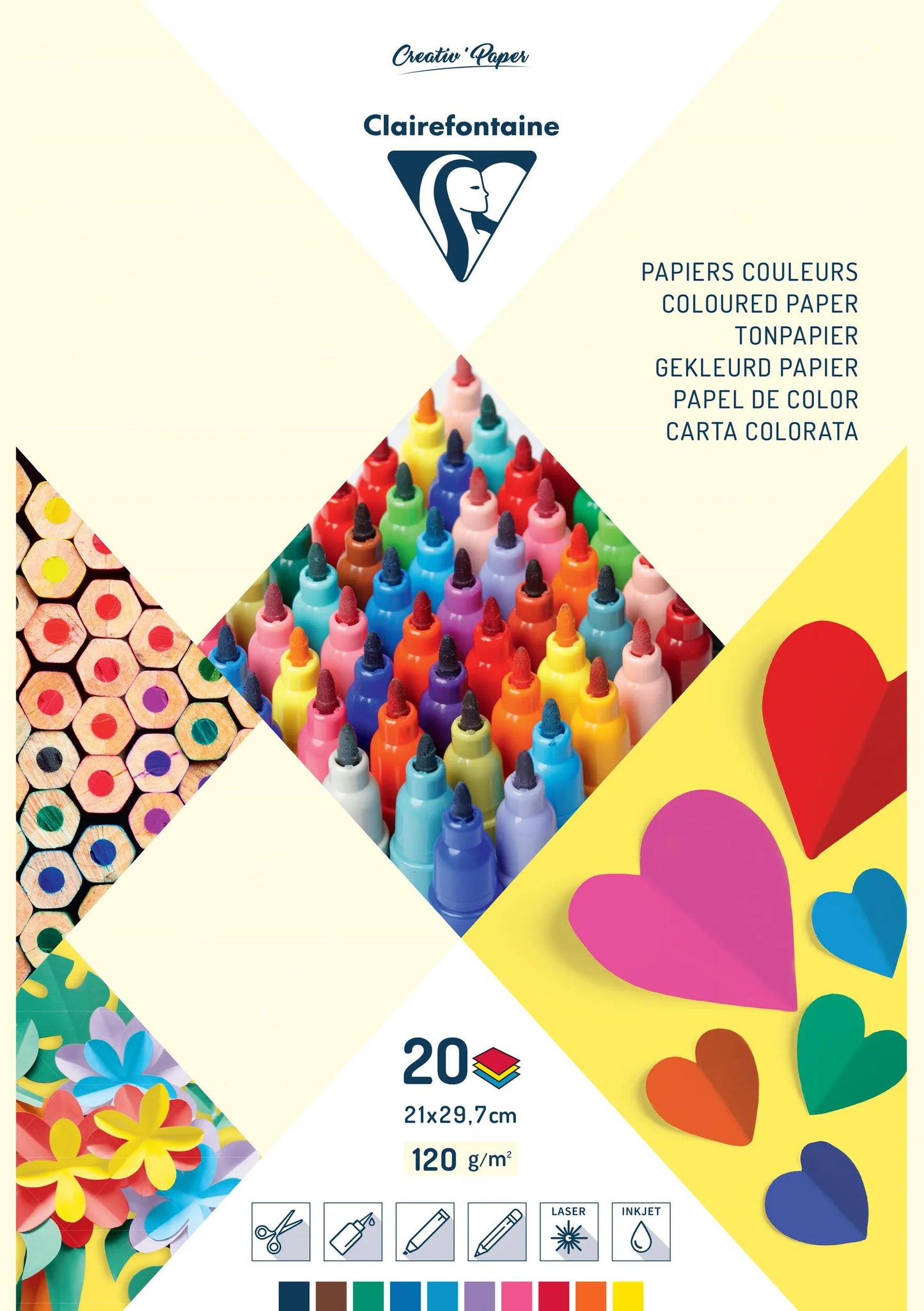 COLOUR PAPER, 20 sheet block 120g/m2 in 21x29.7cm format - Assortment (Pack x10)