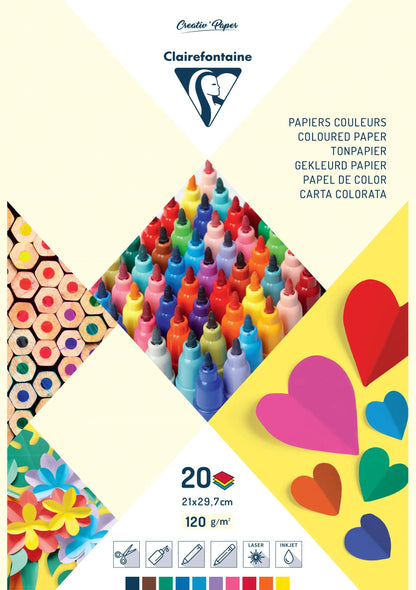 PAPIER COULEUR, Bloc de 20 feuilles 120g/m2 au format 21x29,7cm - Assortiment (lot de 10)