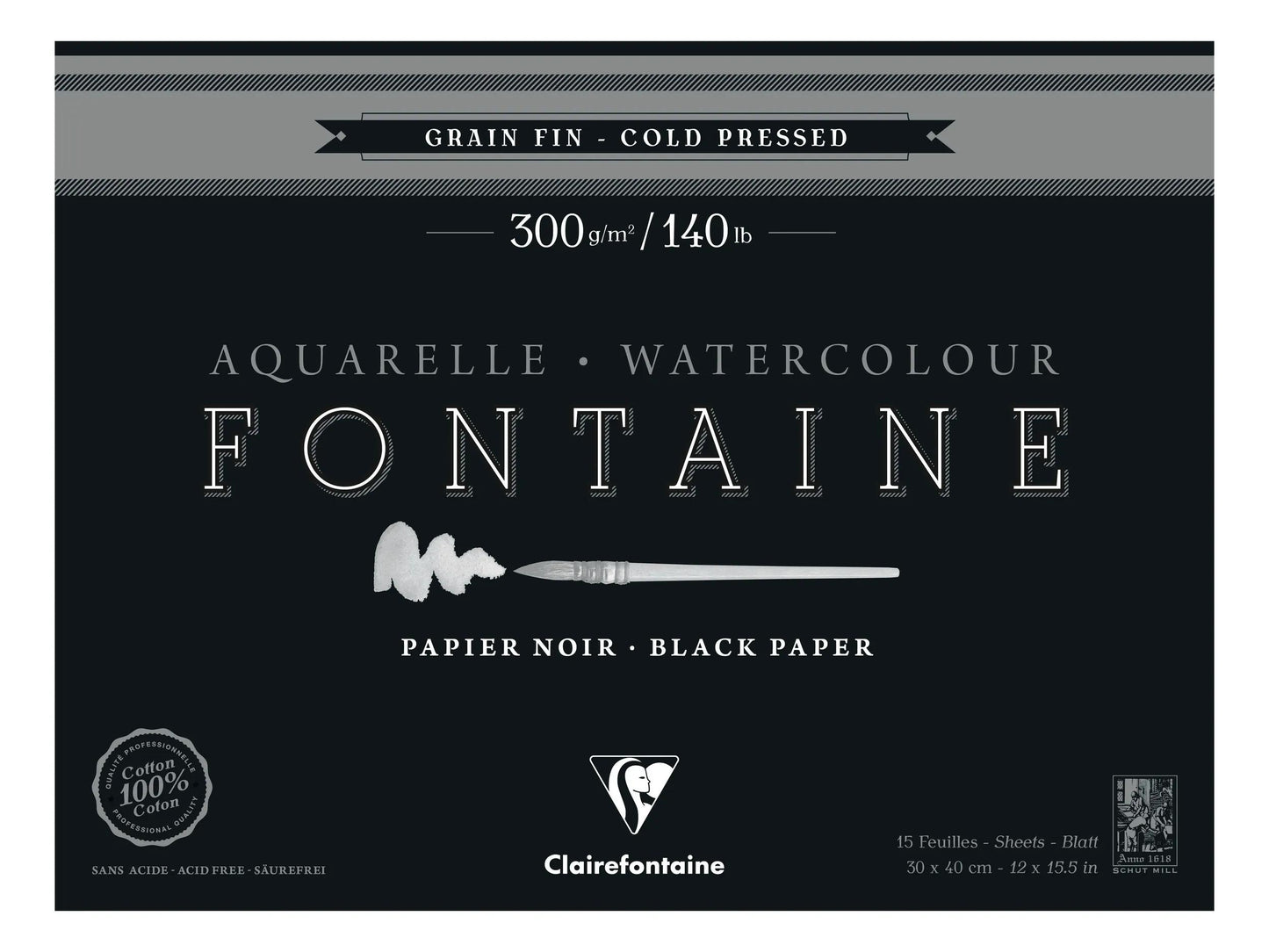 Fountain Black Block verklebt 4 Seiten 15F 30x40cm 300g feines Korn (Paket x2)