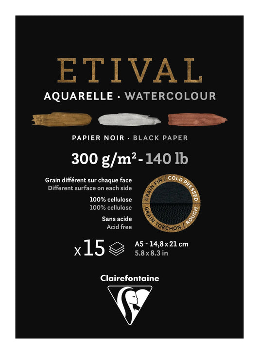 Etival Black block glued 1 side 15F A5 300g double grain (Pack x5)