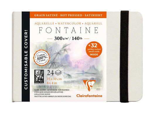 Fountain Aquarell Notizbuch vernäht 24F 10x15cm 300g Satinkorn (Visitenkarten) - Weiß (Paket x2)