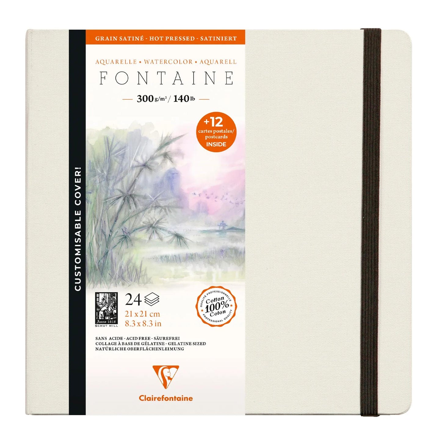 Fountain Aquarell Notizbuch vernäht 24F 21x21cm 300g Satinkorn (Postkarten) - Weiß (Paket x2)