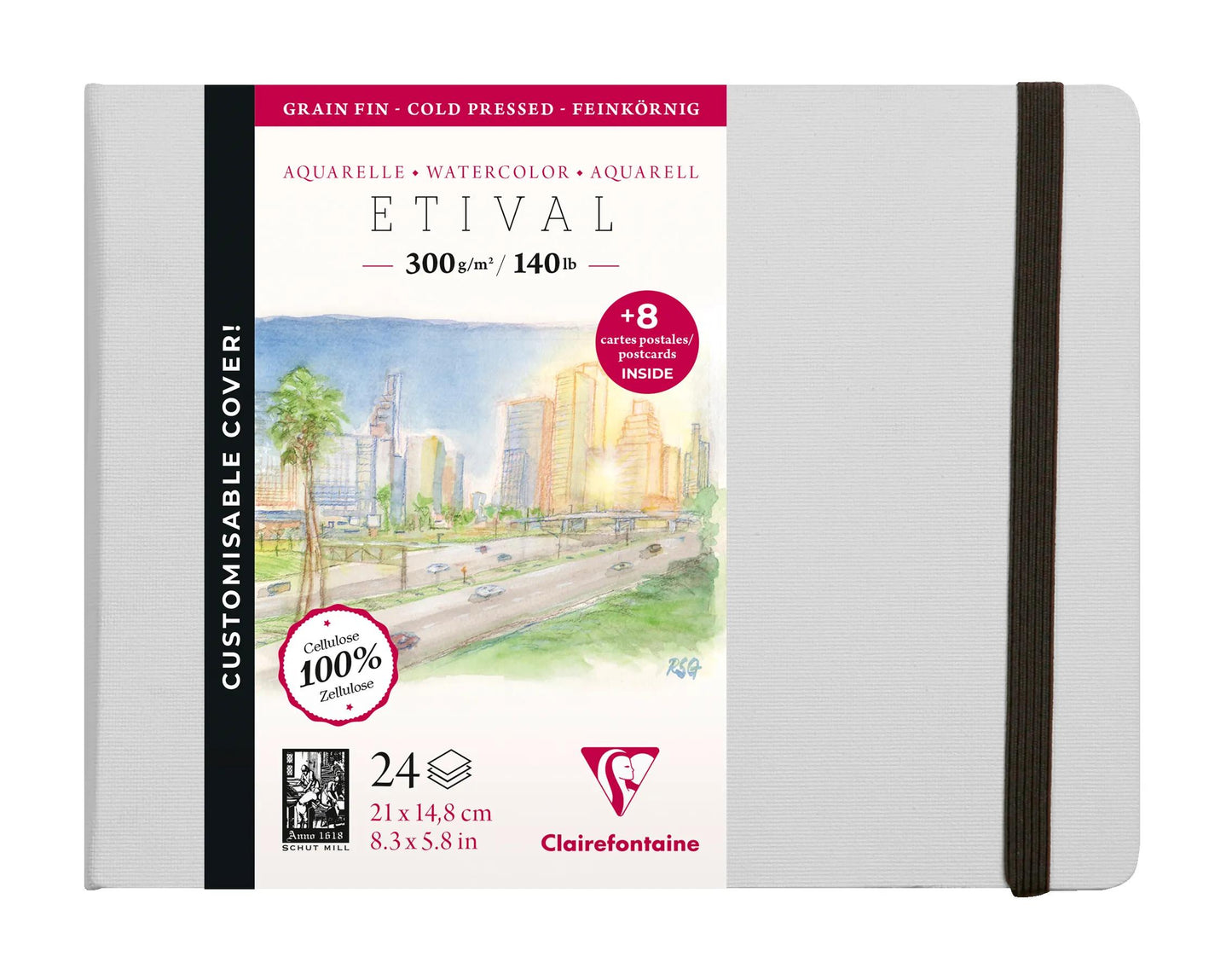 Etival Watercolor notebook sewn 24F A5 300g fine grain (postcards) - Grey (Pack x2)