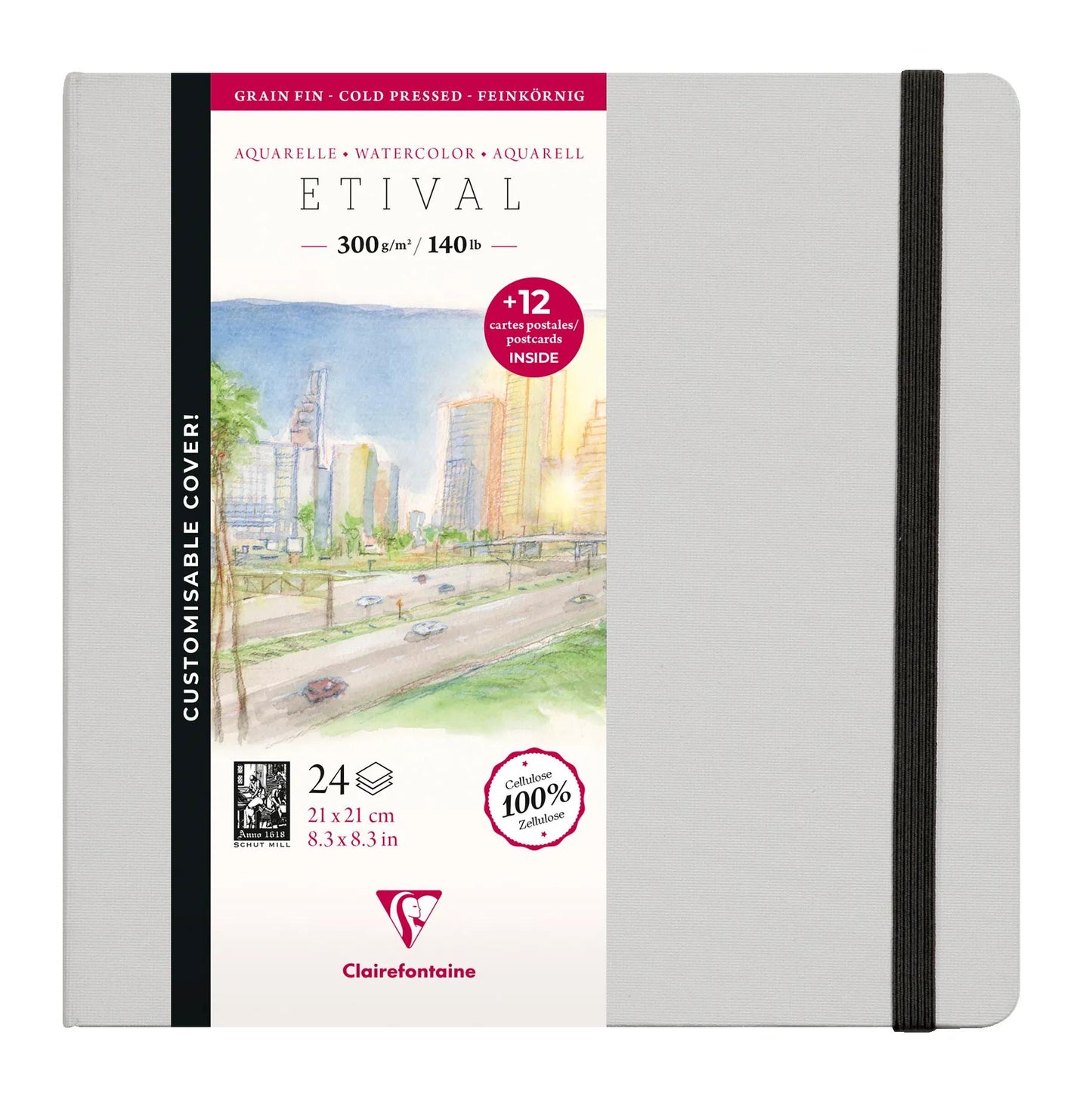 Etival Aquarell Notizbuch vernäht 24F 21x21cm 300g Feinkorn (Postkarten) - Grau (Paket x2)