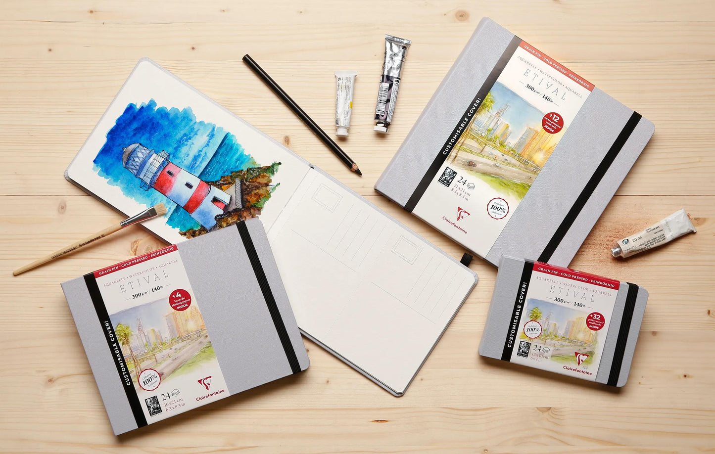 Etival Aquarell Notizbuch vernäht 24F 21x21cm 300g Feinkorn (Postkarten) - Grau (Paket x2)