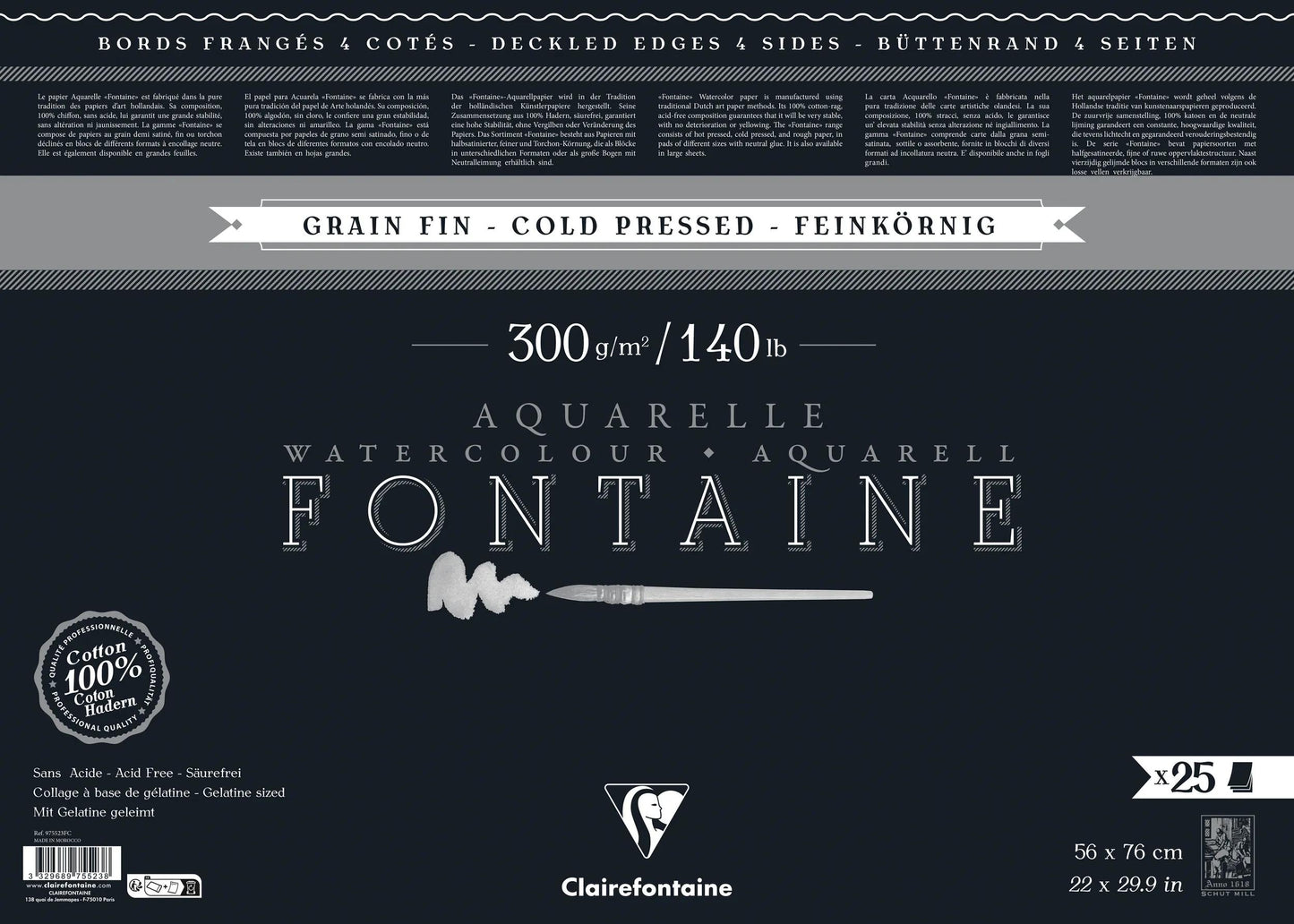 Fontaine Noir paquet 4 bords frangés 25F 56x76cm 300g grain fin