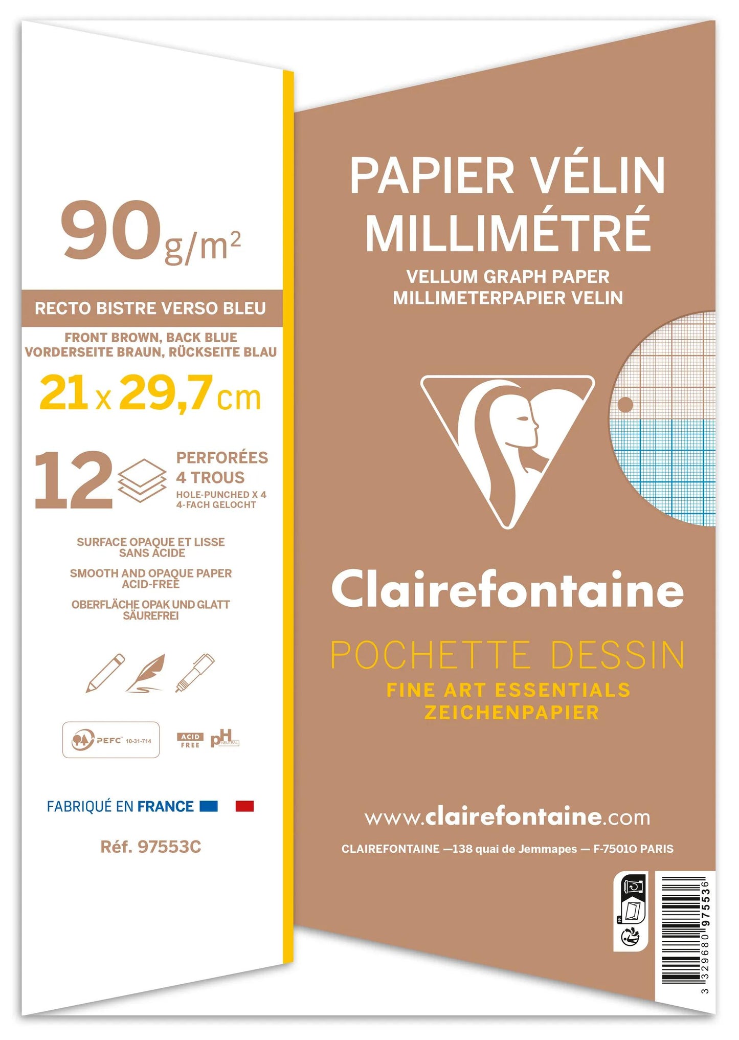 Vélin Millimétré Beutel 12F A4 90g (Perforation 4 Löcher) (Paket x10)