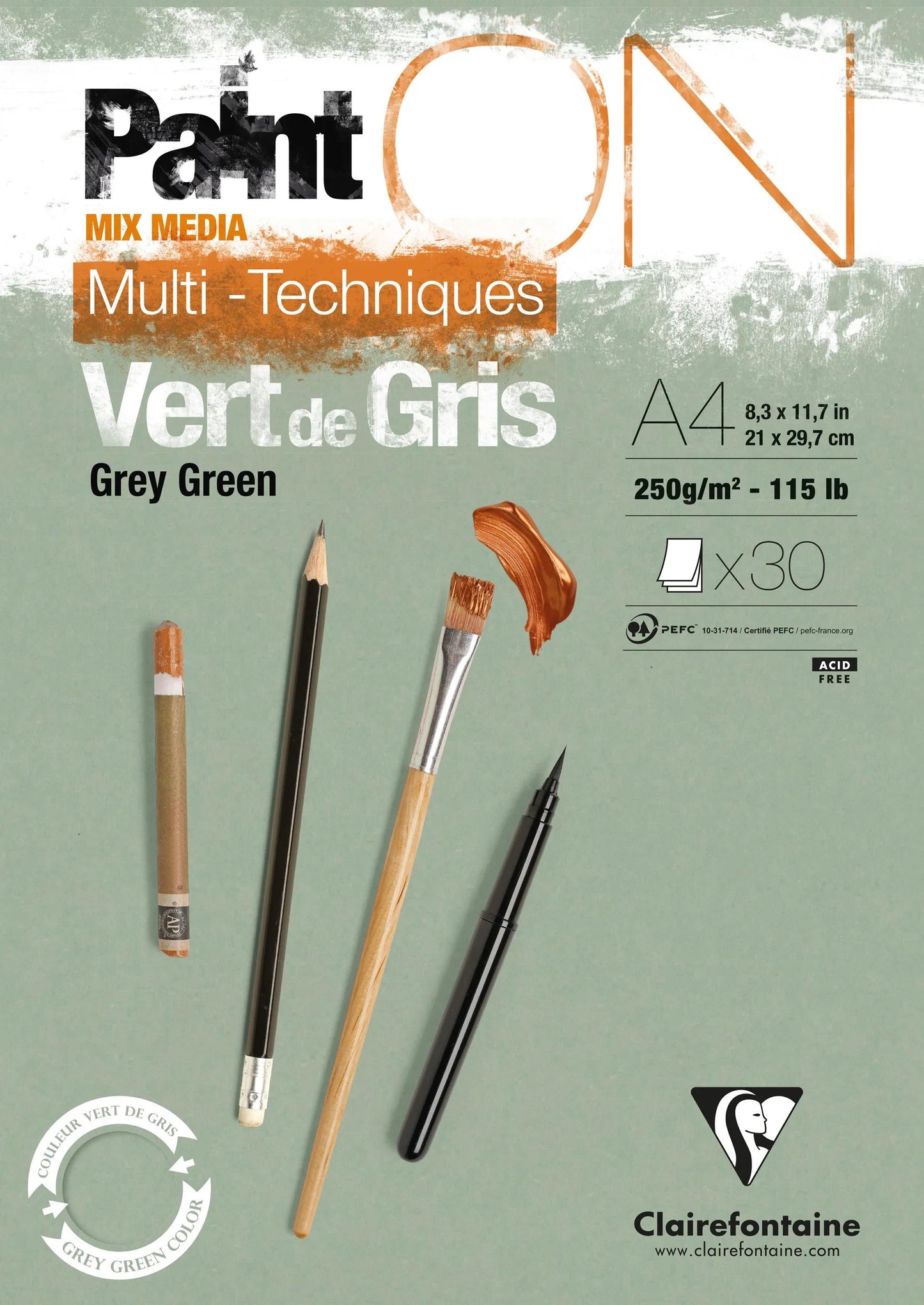 PaintON Green of Grey glued block 30F A4 250g - Green of Grey (Pack x4)