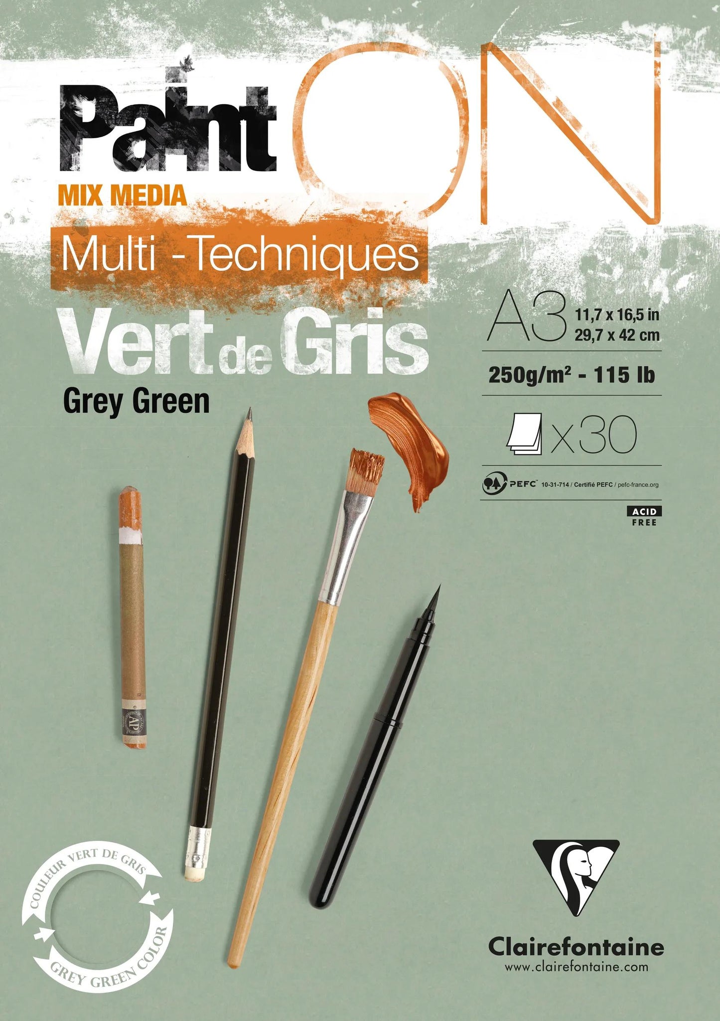 PaintON Green of Grey glued block 30F A3 250g - Green of Grey (Pack x2)