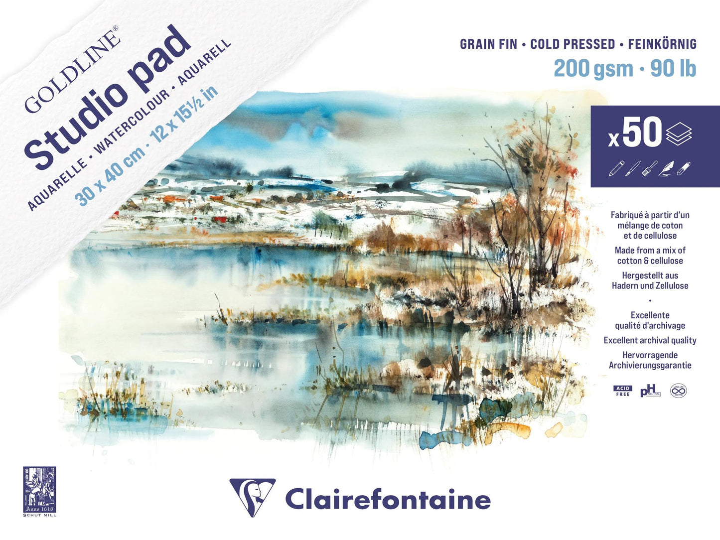 Blocco Goldline Studio incollato 50F 30x40cm 200g grana fine (Pacchetto x2)