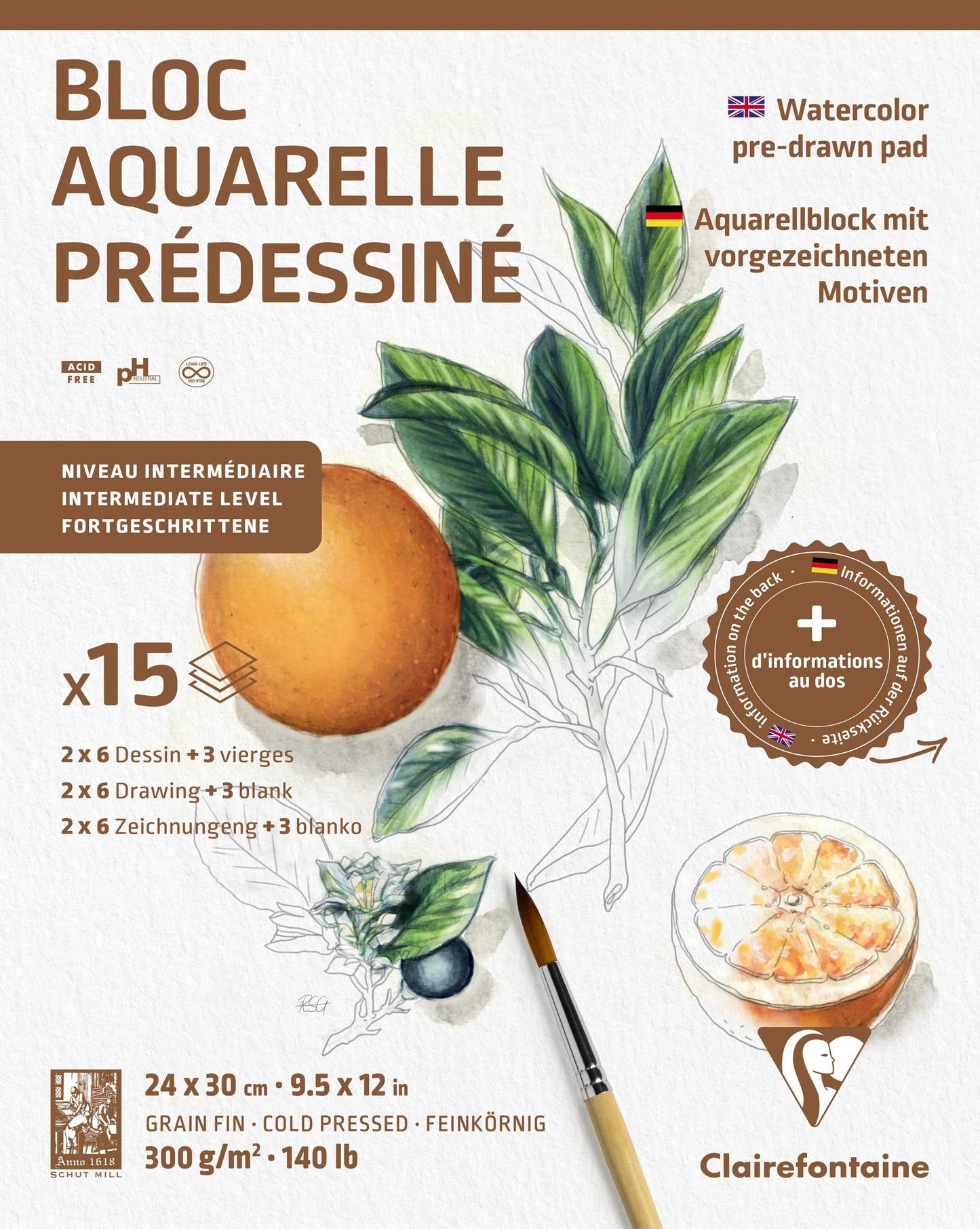 Aquarell Predessinated Botanique Block verklebt 15F 24x30cm 300g (Paket x5)
