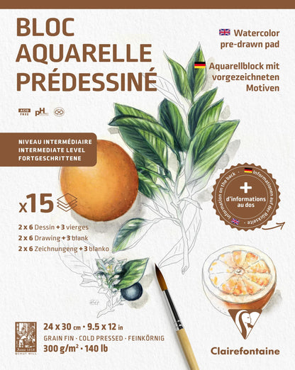 Aquarell Predessinated Botanique Block verklebt 15F 24x30cm 300g (5er-Pack)