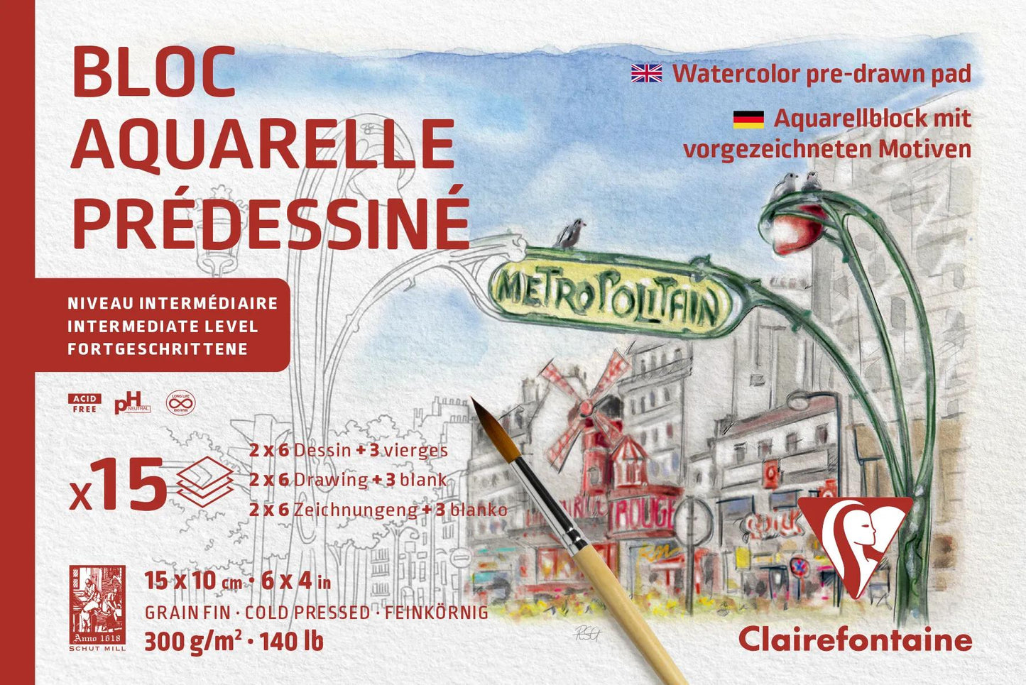Aquarelle Pre-designed Paris block glued 15F 10x15cm 300g (Pack x5)