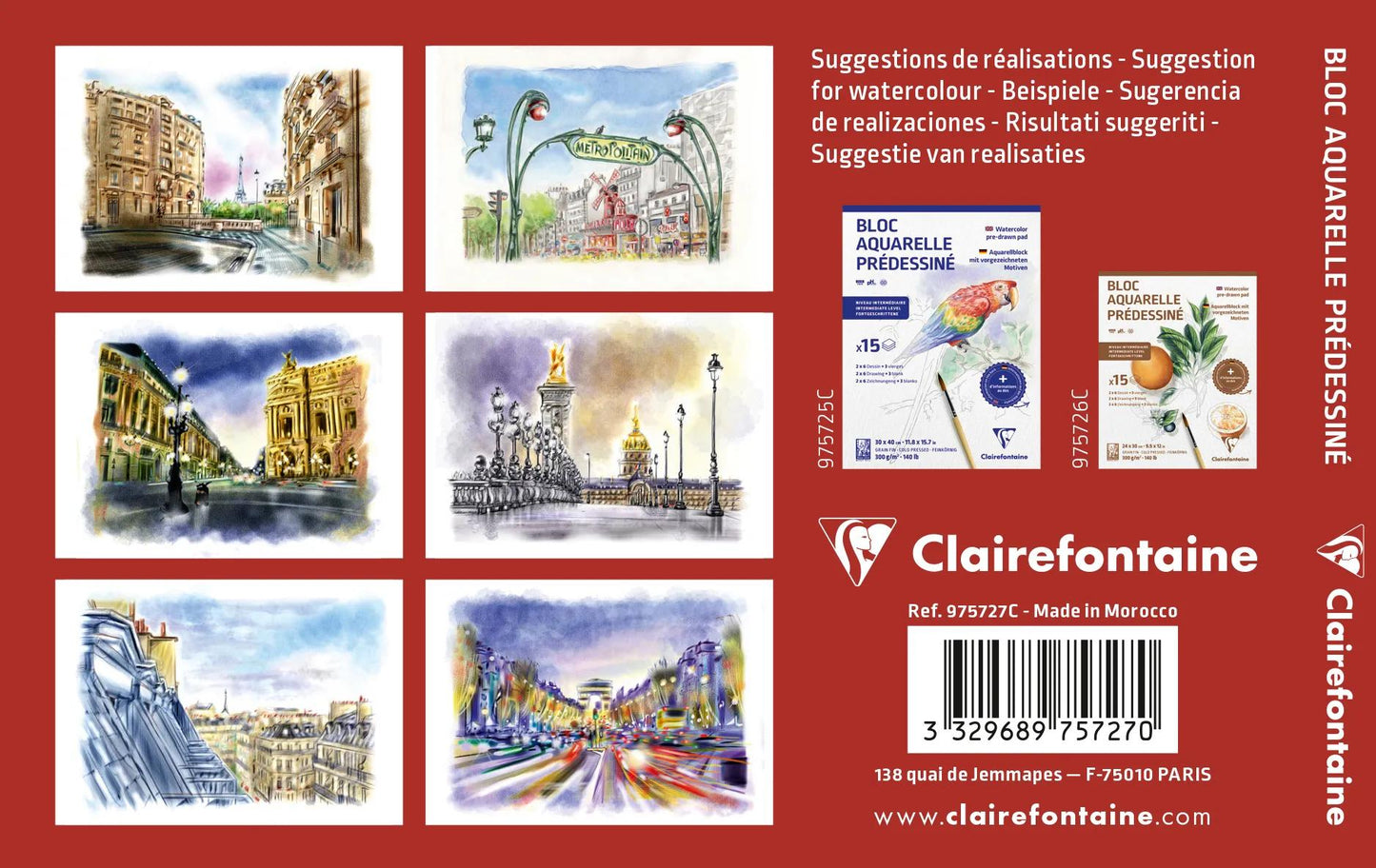 Aquarelle Pre-designed Paris block glued 15F 10x15cm 300g (Pack x5)
