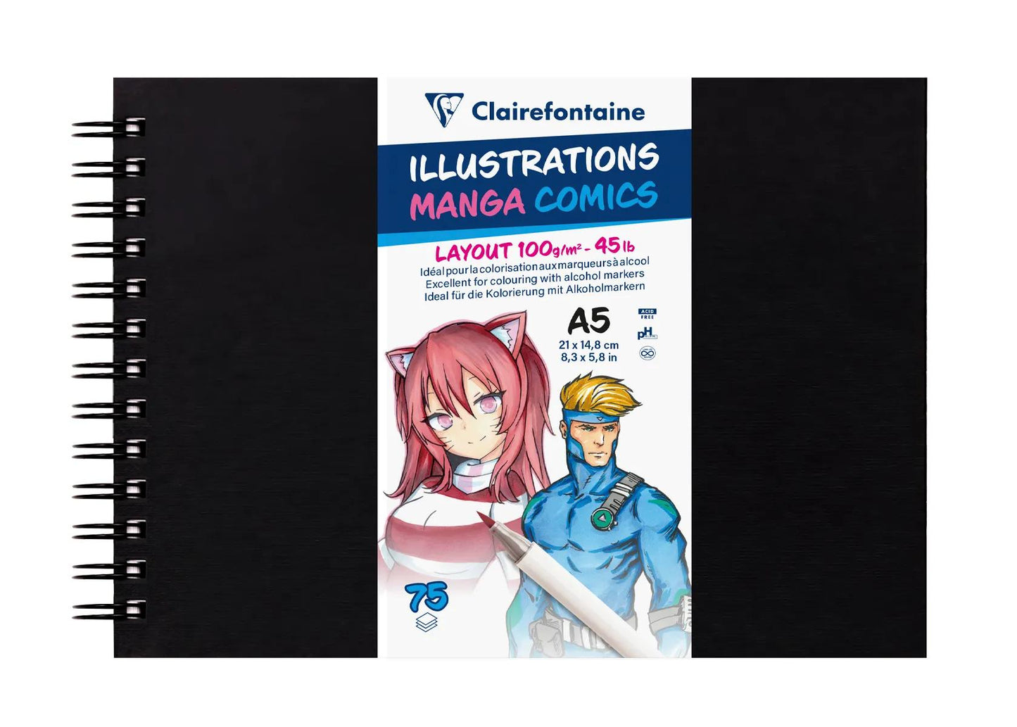 Manga Illustrations spiral notebook 75 sheets A5 100g black cover (Pack x5)