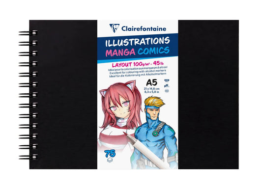 Manga Illustrations carnet spiralé 75 feuilles A5 100g couverture noire (lot de 5)
