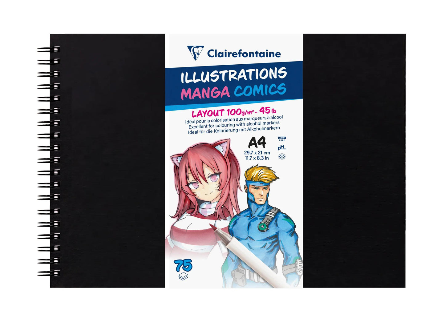Manga Illustrations spiral notebook 75 sheets A4 100g black cover (Pack x5)