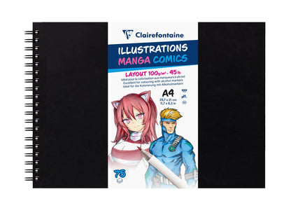 Manga Illustrations carnet spiralé 75 feuilles A4 100g couverture noire (lot de 5)