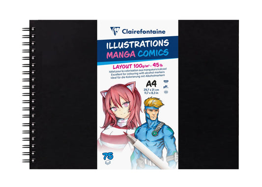 Manga Illustrations carnet spiralé 75 feuilles A4 100g couverture noire (lot de 5)