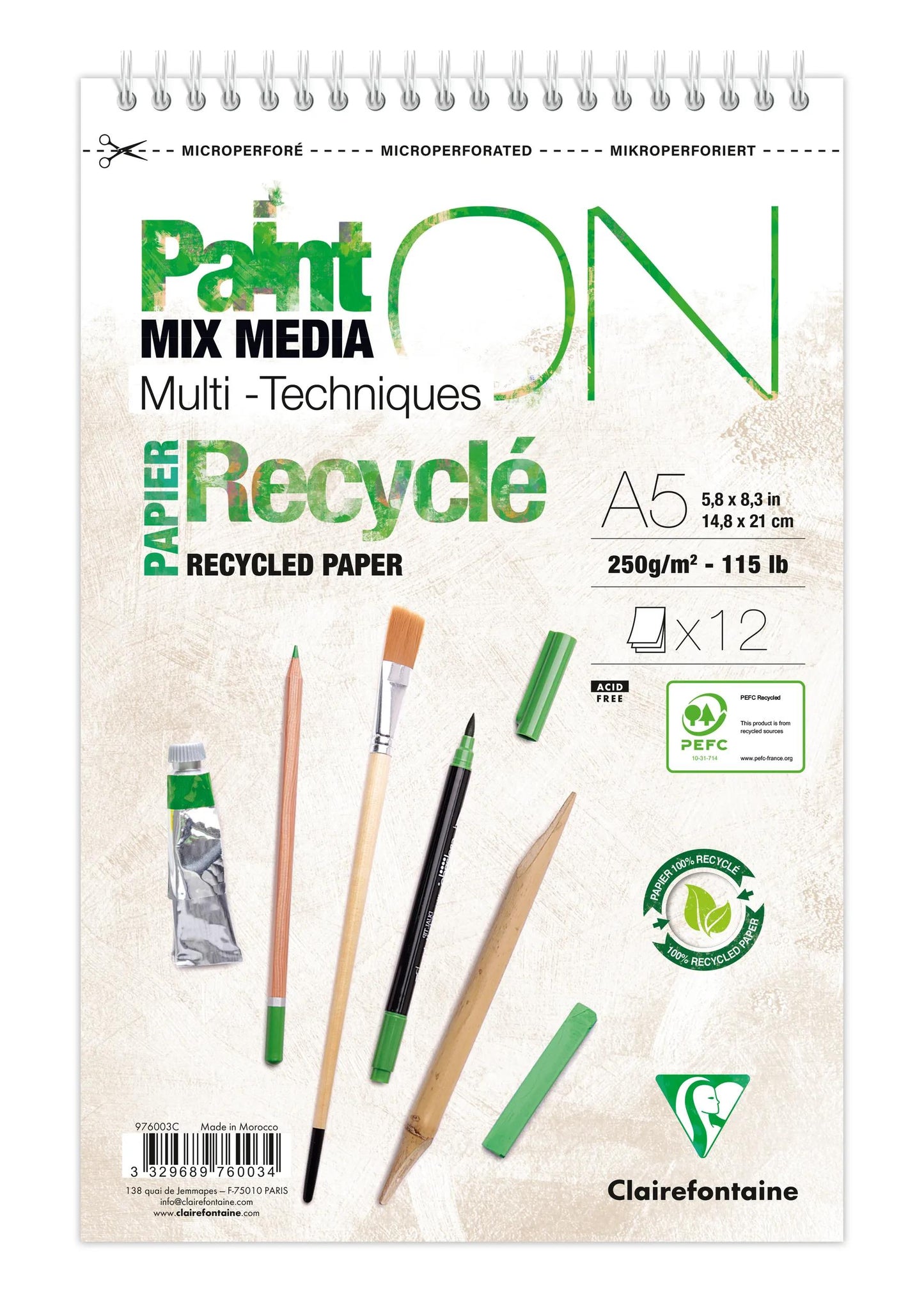 PaintON Recycled Spiral Block 12F A5+ 250g - New (Pack x4)