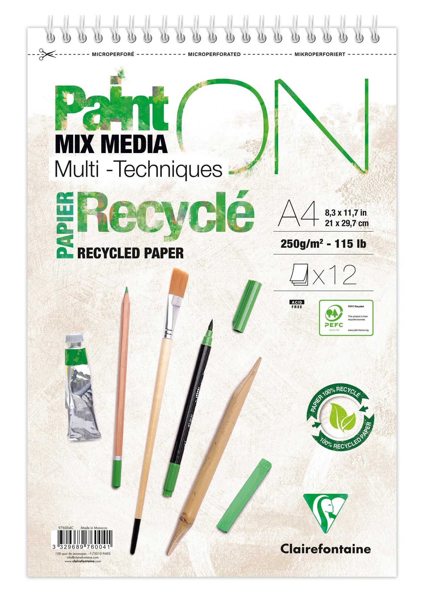 PaintON Recycled Spiral Block 12F A4+ 250g - New (Pack x4)