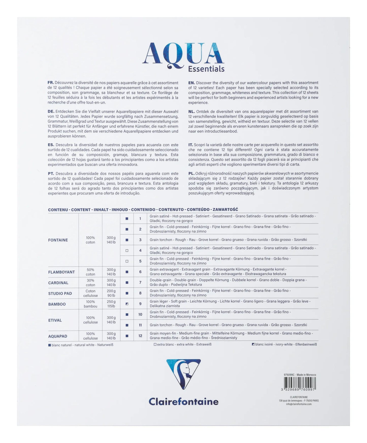 Aqua Essentials verklebt Block 12 passende Aquarellpapiere 24x30cm 12F 200g-300g (Paket x2)