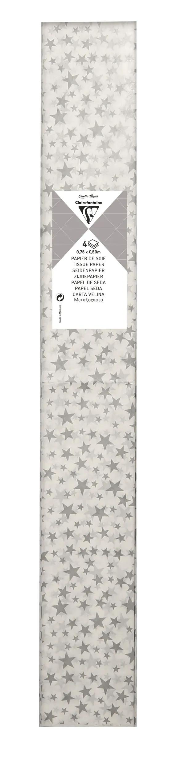 GEDRUCKT SOUTH PAPER, 4 Blatt Tasche in 50x75cm Format - Silber Sterne - Silber (Paket x10)