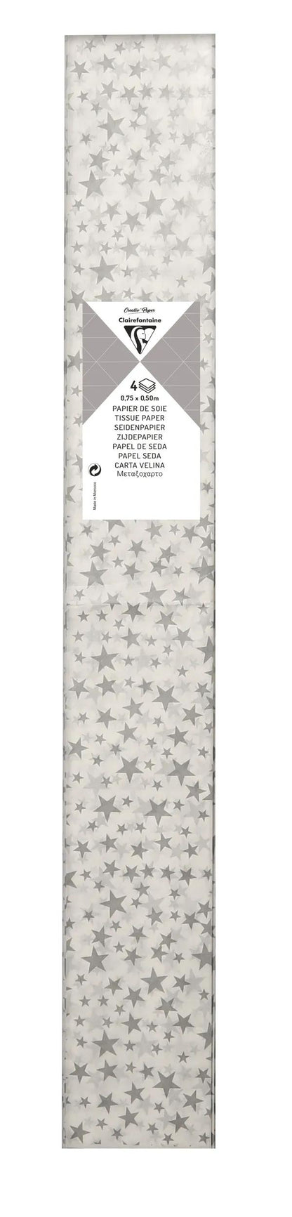 PAPIER DE SOIE IMPRIMÉE, Sachet de 4 feuilles au format 50x75cm - Etoiles argentées - Argent (lot de 10)