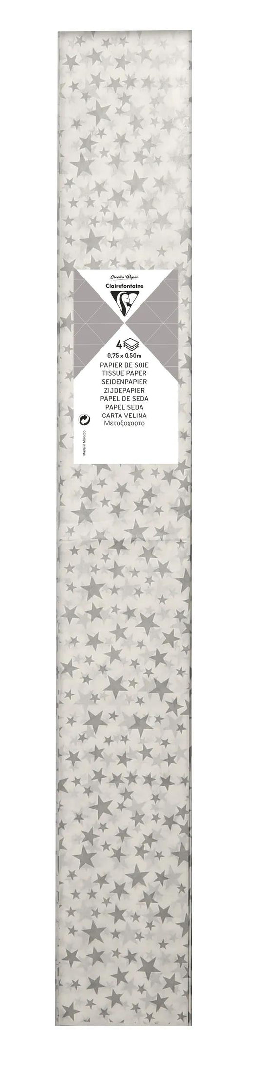 GEDRUCKT SOUTH PAPER, 4 Blatt Tasche in 50x75cm Format - Silber Sterne - Silber (Paket x10)