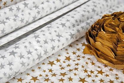 PAPIER DE SOIE IMPRIMÉE, Sachet de 4 feuilles au format 50x75cm - Etoiles argentées - Argent (lot de 10)
