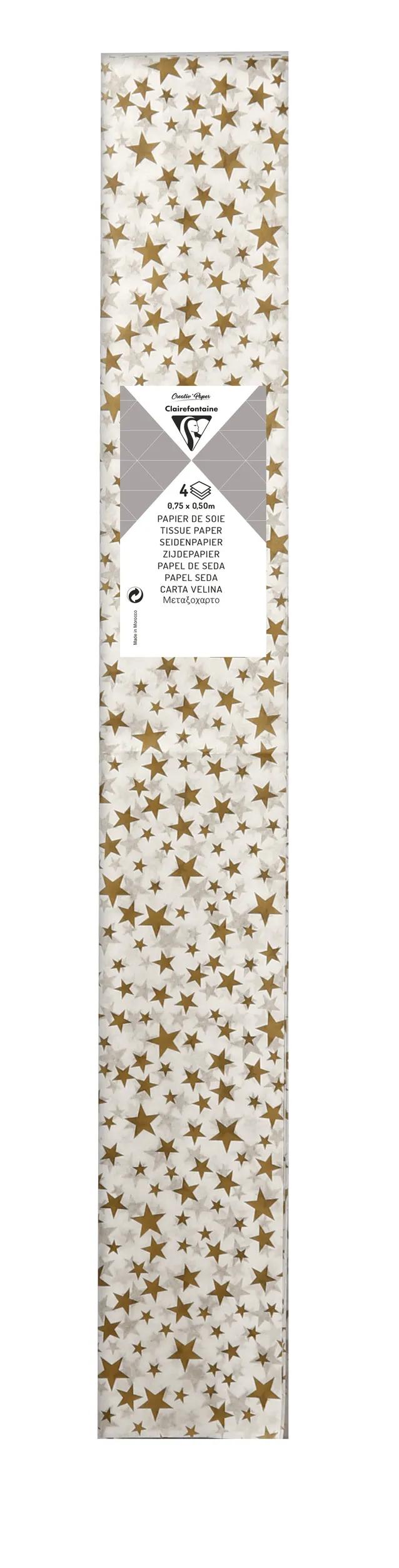 PRINTED SOUTH PAPER, Bag of 4 sheets in size 50x75cm - Golden stars - Gold (Pack x10)